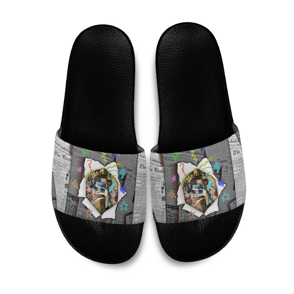 Cat Girl With A Pearl Earring Newspaper Slide Sandals Made By Human Handmade Mixed Media Pop Art