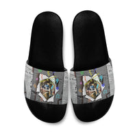 Cat Girl With A Pearl Earring Newspaper Slide Sandals Made By Human Handmade Mixed Media Pop Art