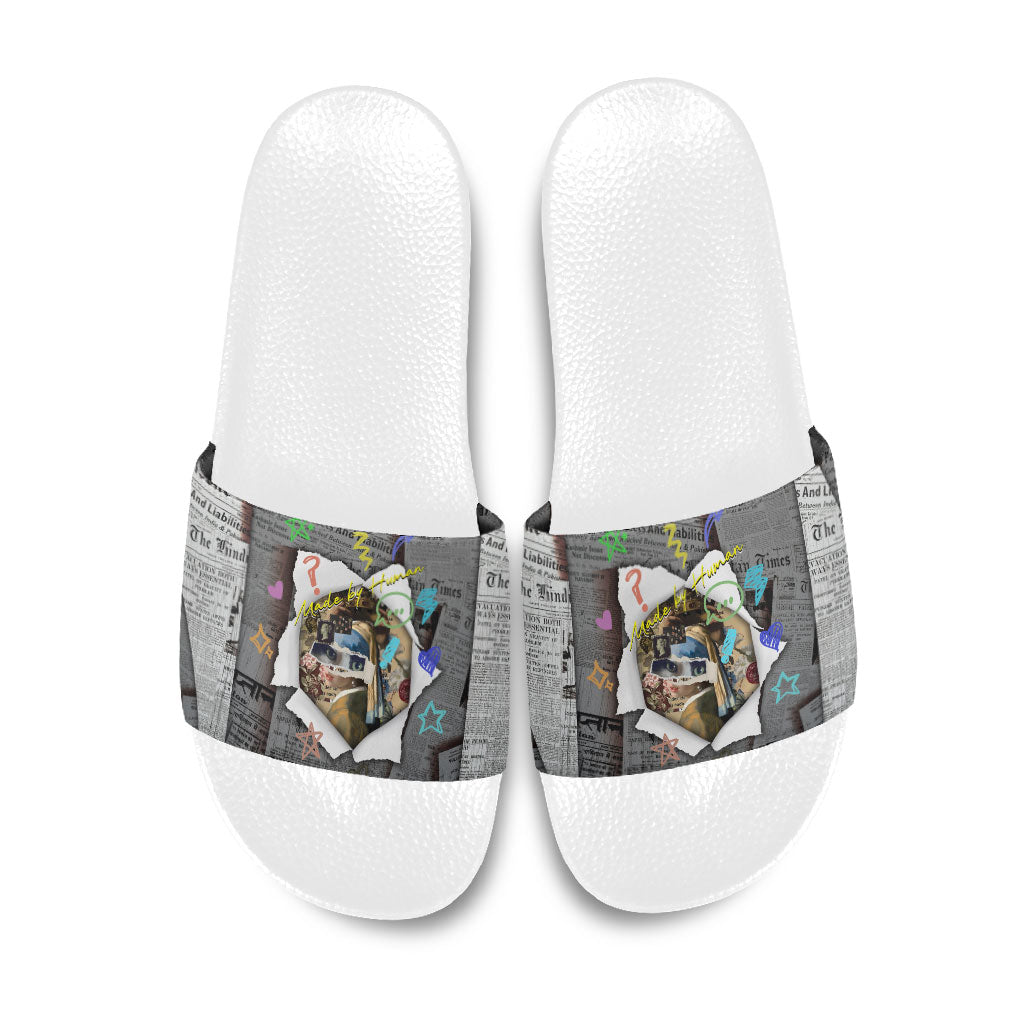 Cat Girl With A Pearl Earring Newspaper Slide Sandals Made By Human Handmade Mixed Media Pop Art