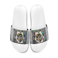 Cat Girl With A Pearl Earring Newspaper Slide Sandals Made By Human Handmade Mixed Media Pop Art