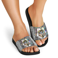 Cat Girl With A Pearl Earring Newspaper Slide Sandals Made By Human Handmade Mixed Media Pop Art