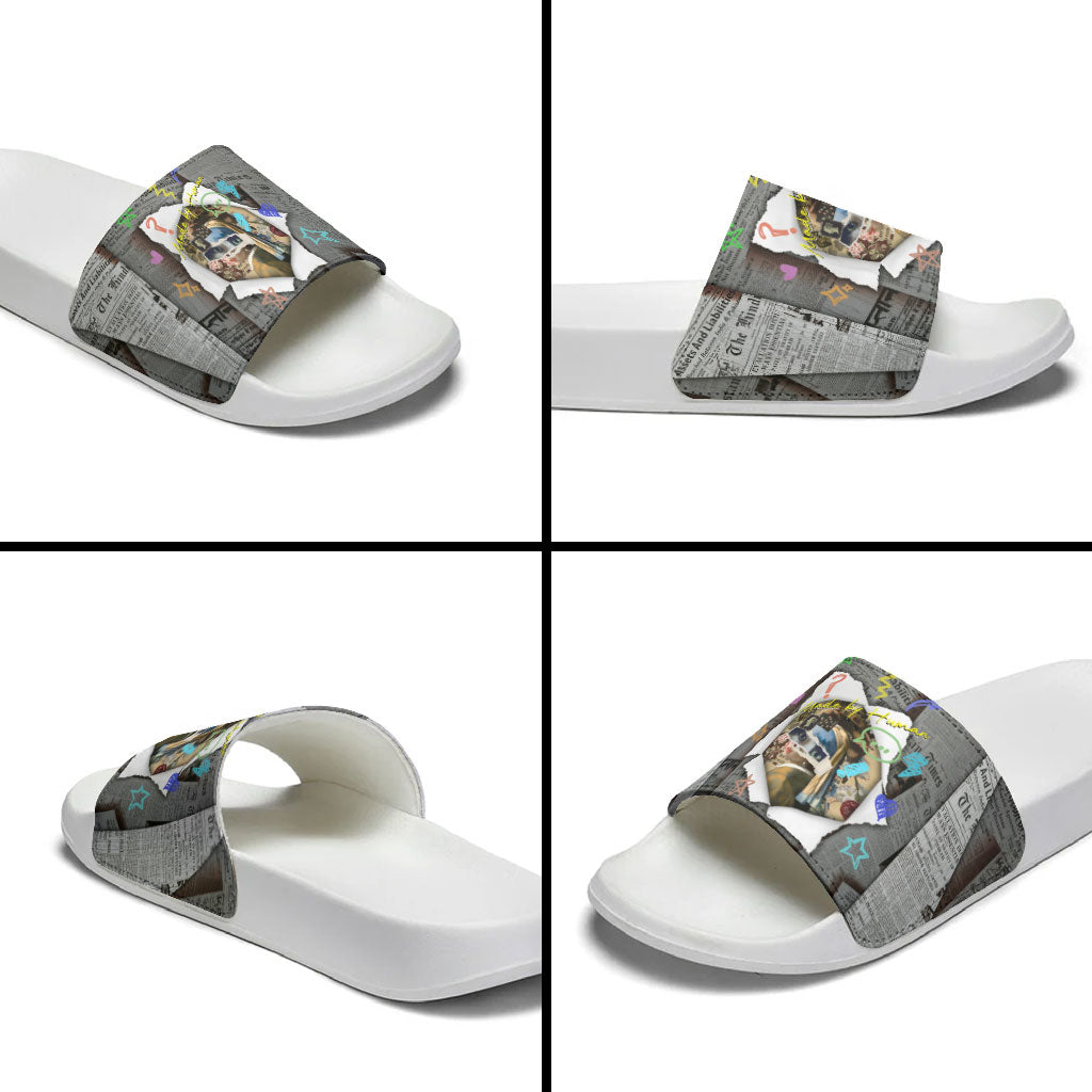 Cat Girl With A Pearl Earring Newspaper Slide Sandals Made By Human Handmade Mixed Media Pop Art