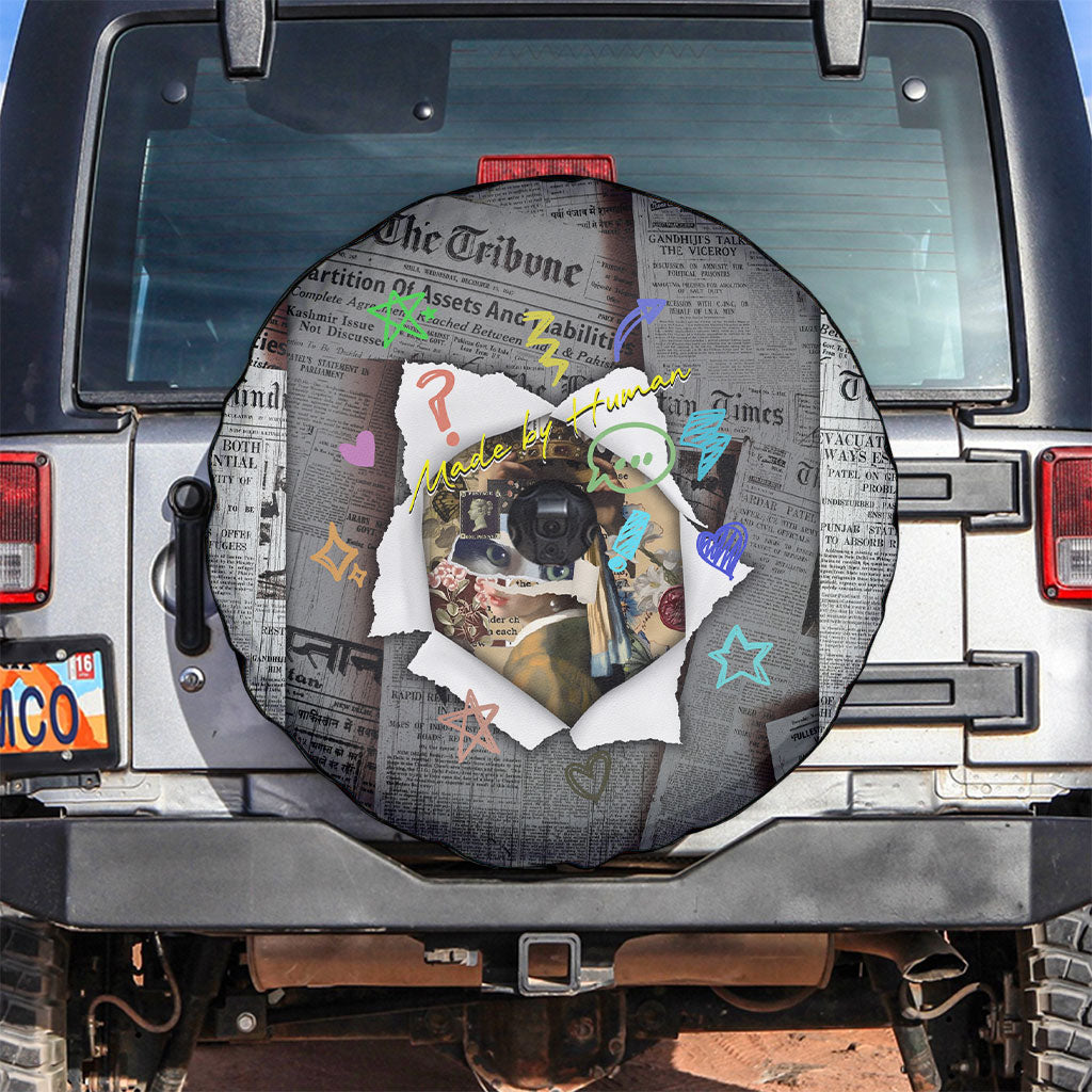 Cat Girl With A Pearl Earring Newspaper Spare Tire Cover Made By Human Handmade Mixed Media Pop Art