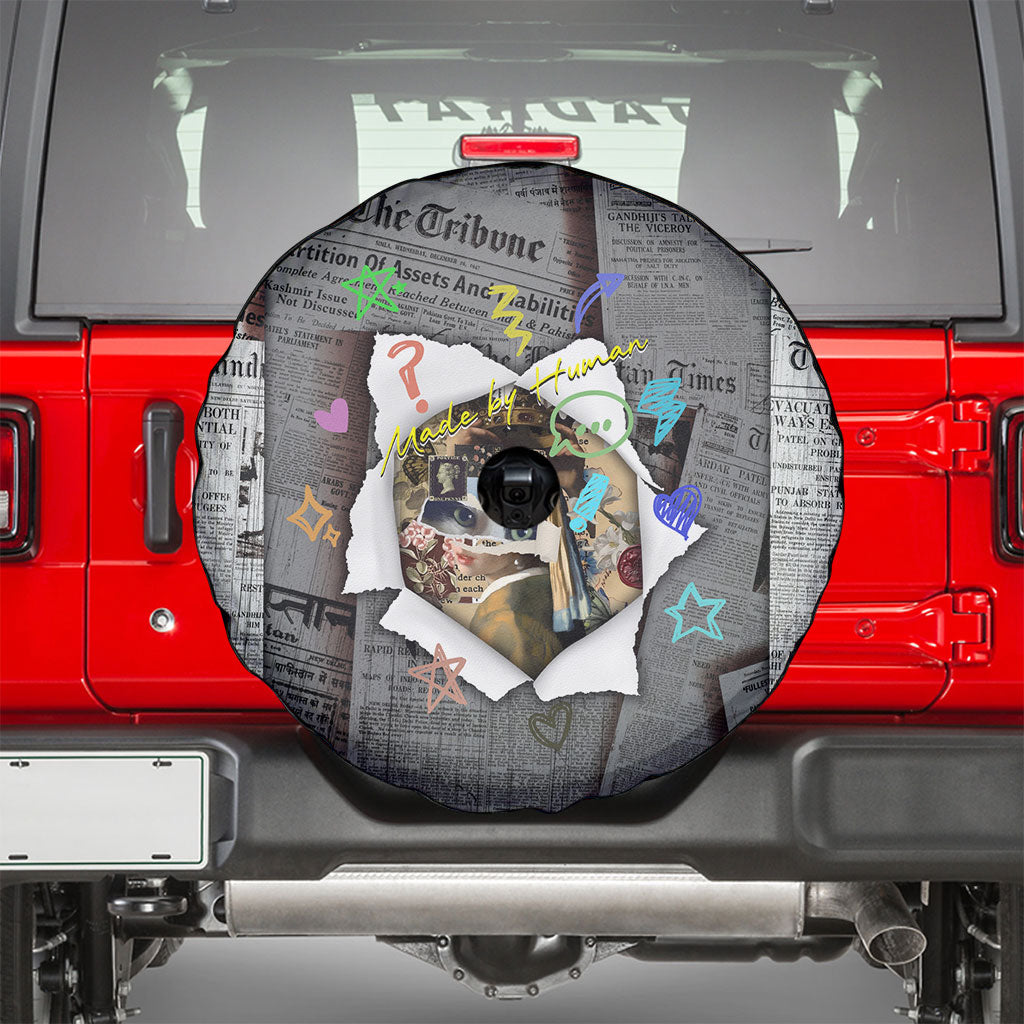 Cat Girl With A Pearl Earring Newspaper Spare Tire Cover Made By Human Handmade Mixed Media Pop Art