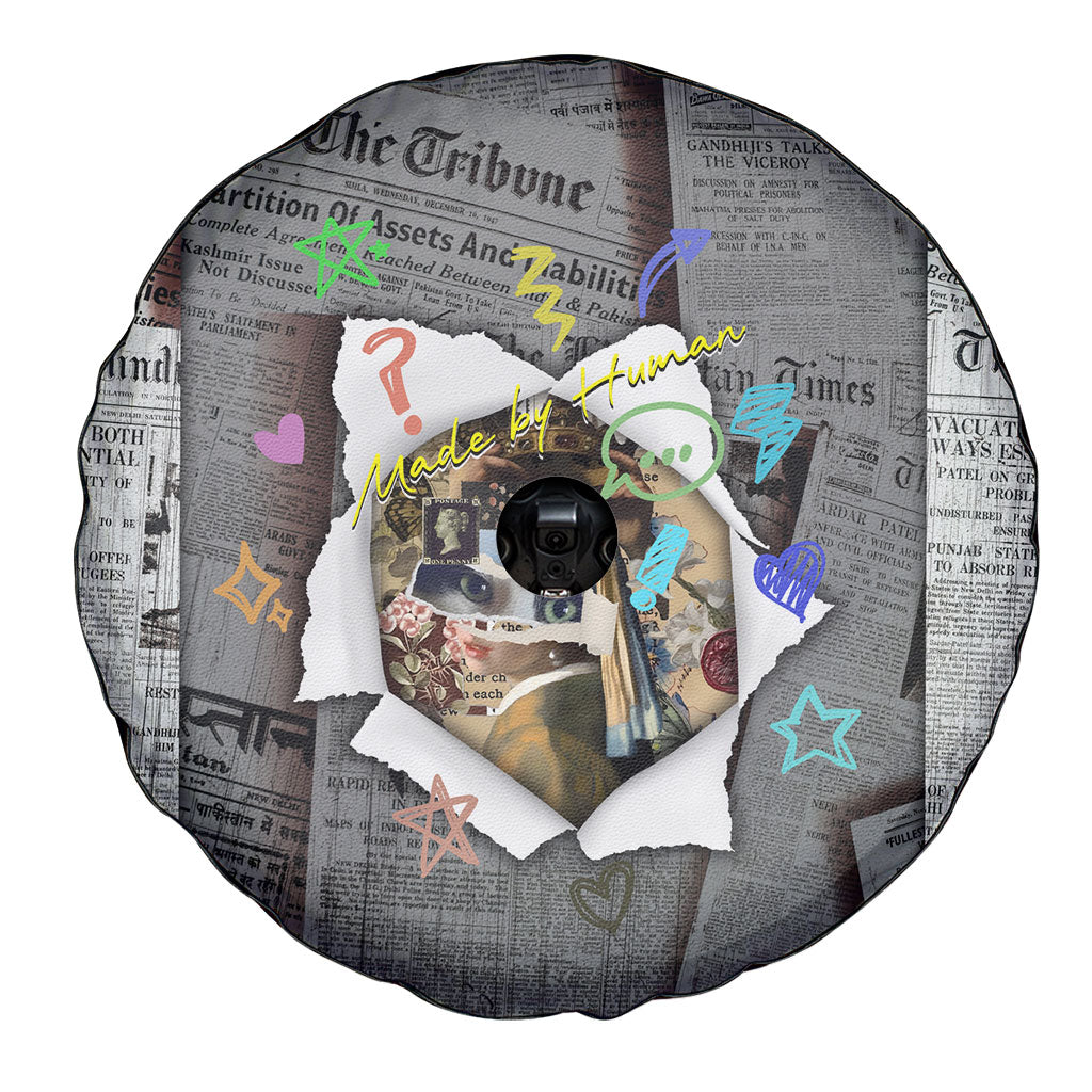Cat Girl With A Pearl Earring Newspaper Spare Tire Cover Made By Human Handmade Mixed Media Pop Art