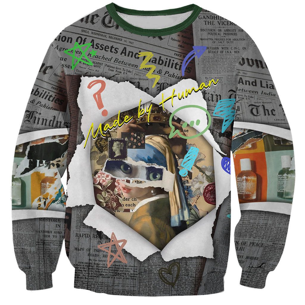 Cat Girl With A Pearl Earring Newspaper Sweatshirt Made By Human Handmade Mixed Media Pop Art