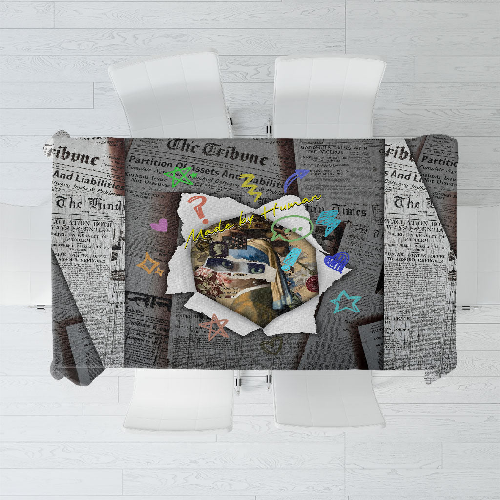 Cat Girl With A Pearl Earring Newspaper Tablecloth Made By Human Handmade Mixed Media Pop Art