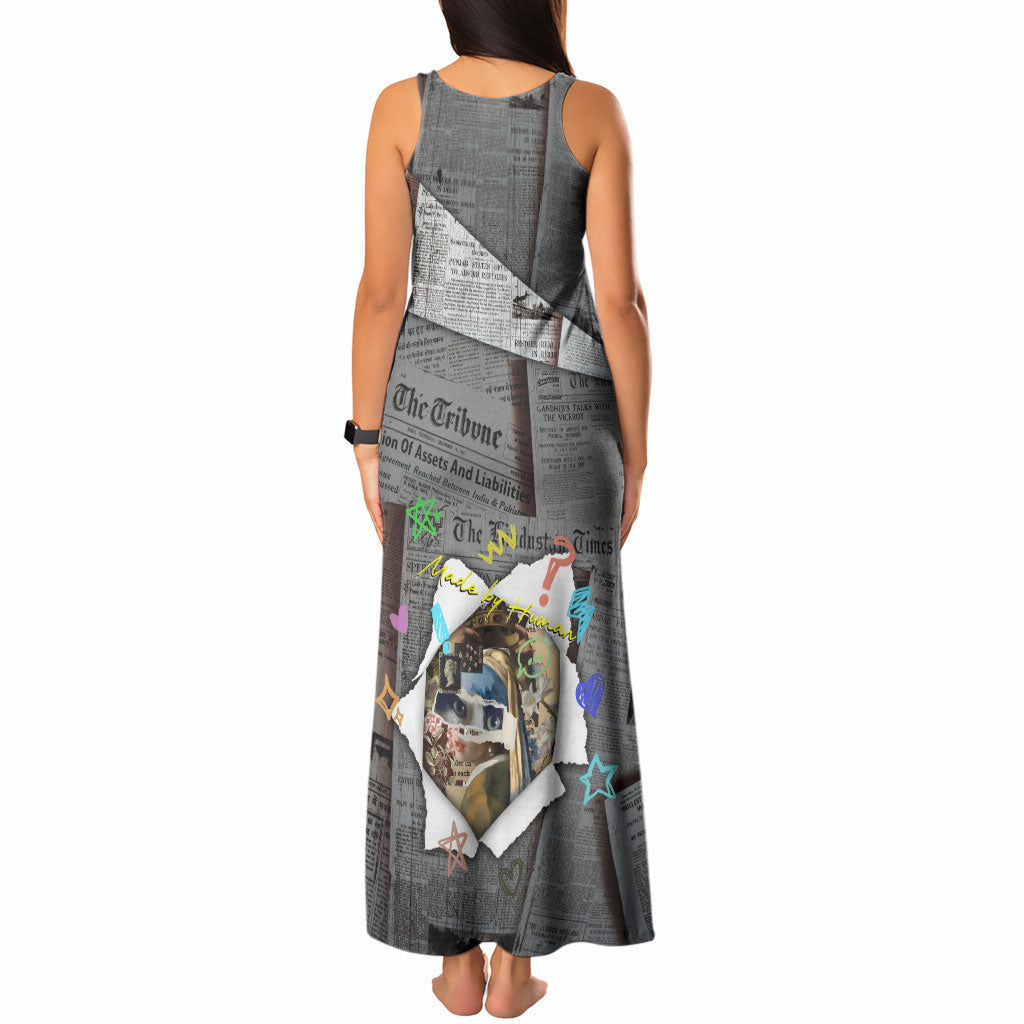 Cat Girl With A Pearl Earring Newspaper Tank Maxi Dress Made By Human Handmade Mixed Media Pop Art