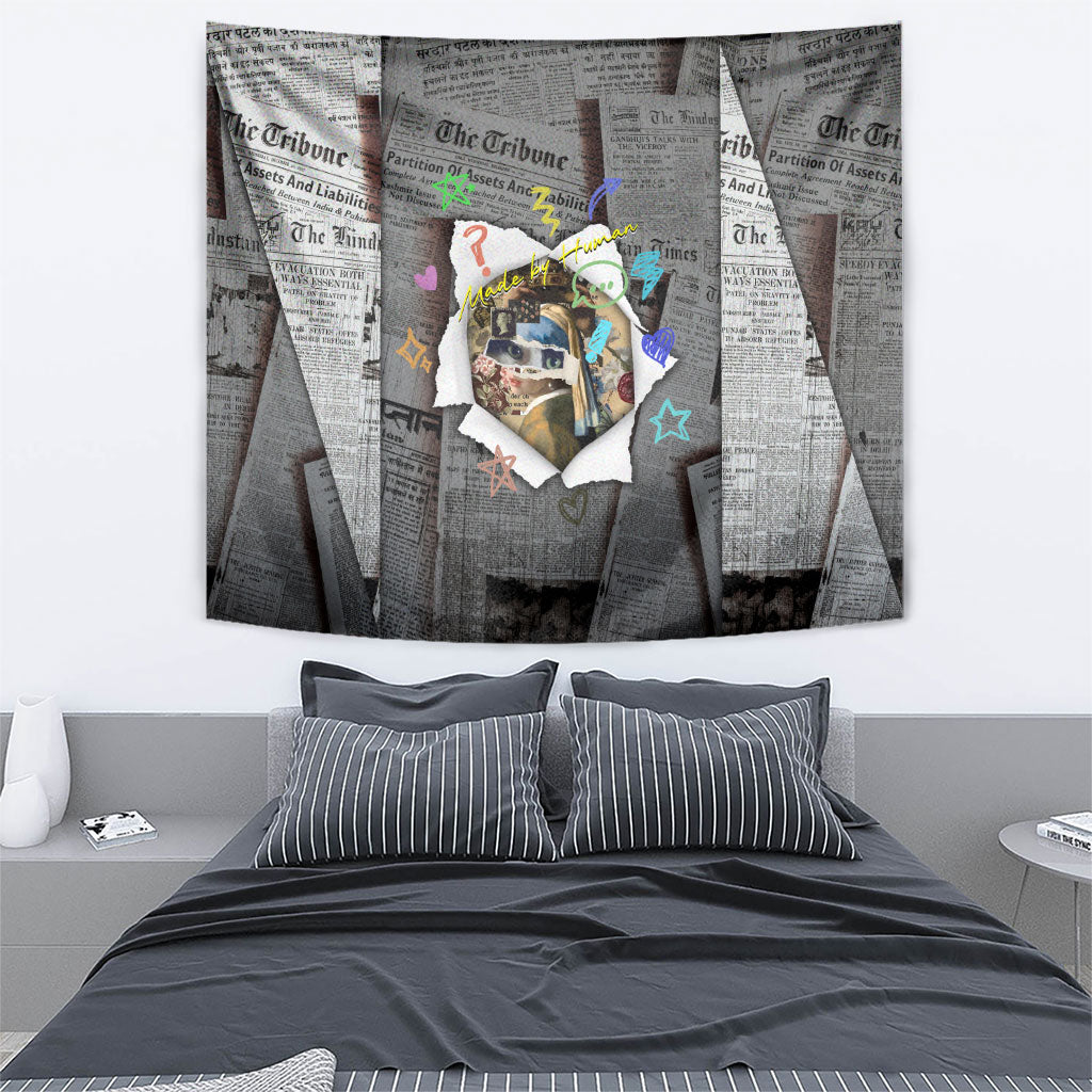 Cat Girl With A Pearl Earring Newspaper Tapestry Made By Human Handmade Mixed Media Pop Art