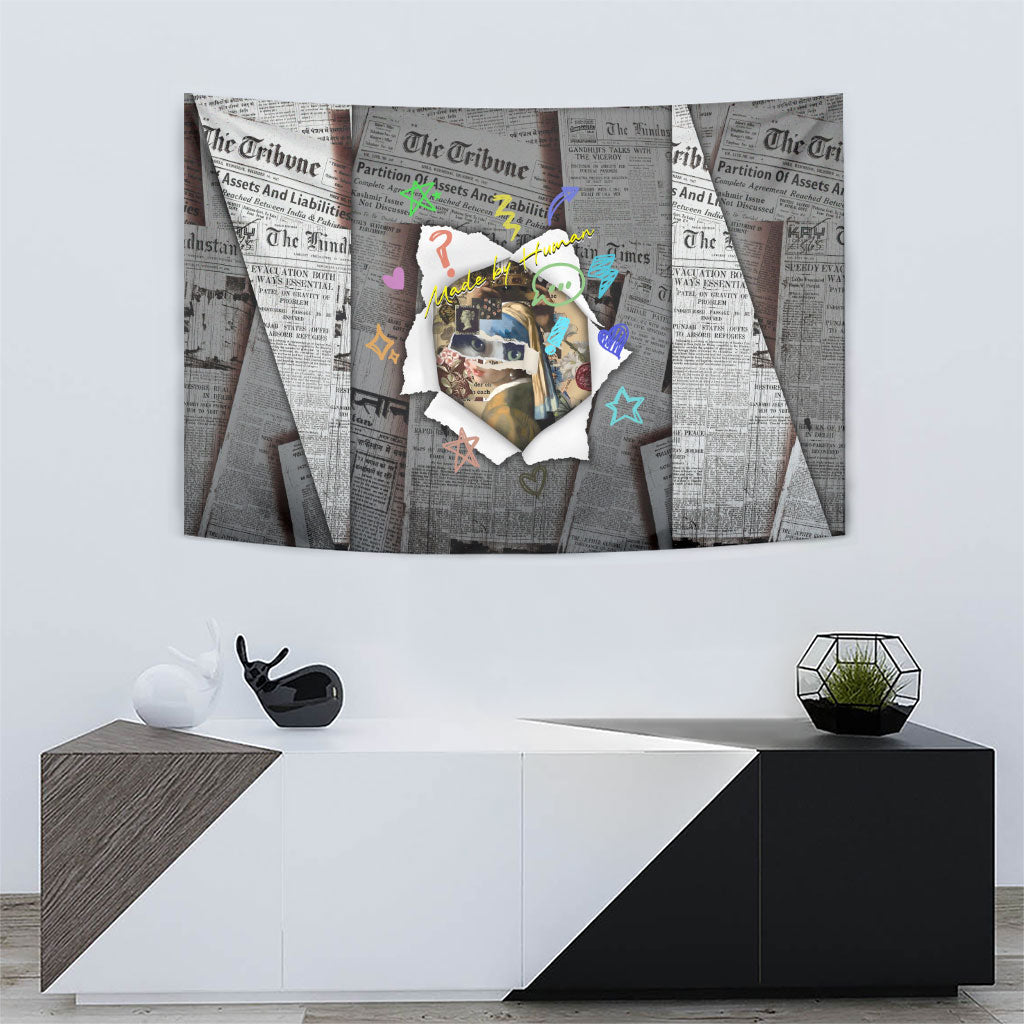 Cat Girl With A Pearl Earring Newspaper Tapestry Made By Human Handmade Mixed Media Pop Art