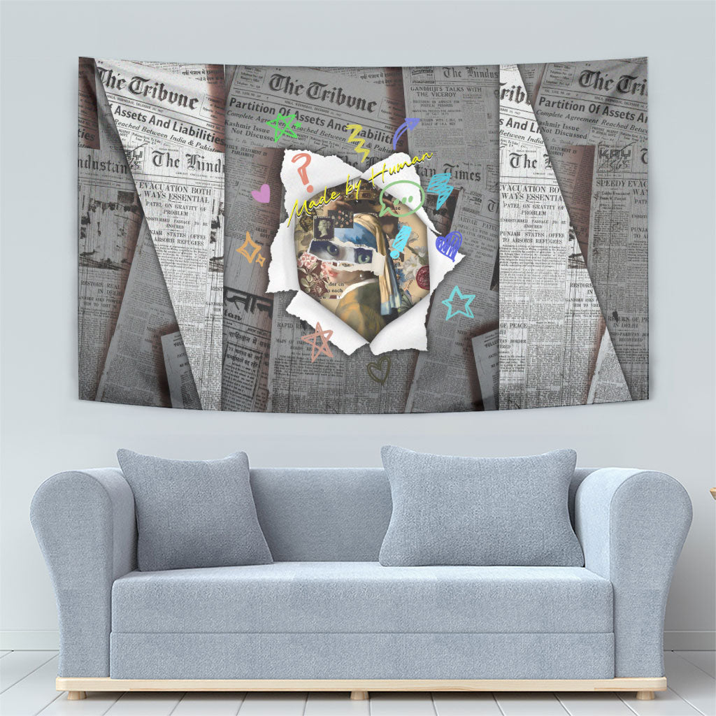 Cat Girl With A Pearl Earring Newspaper Tapestry Made By Human Handmade Mixed Media Pop Art