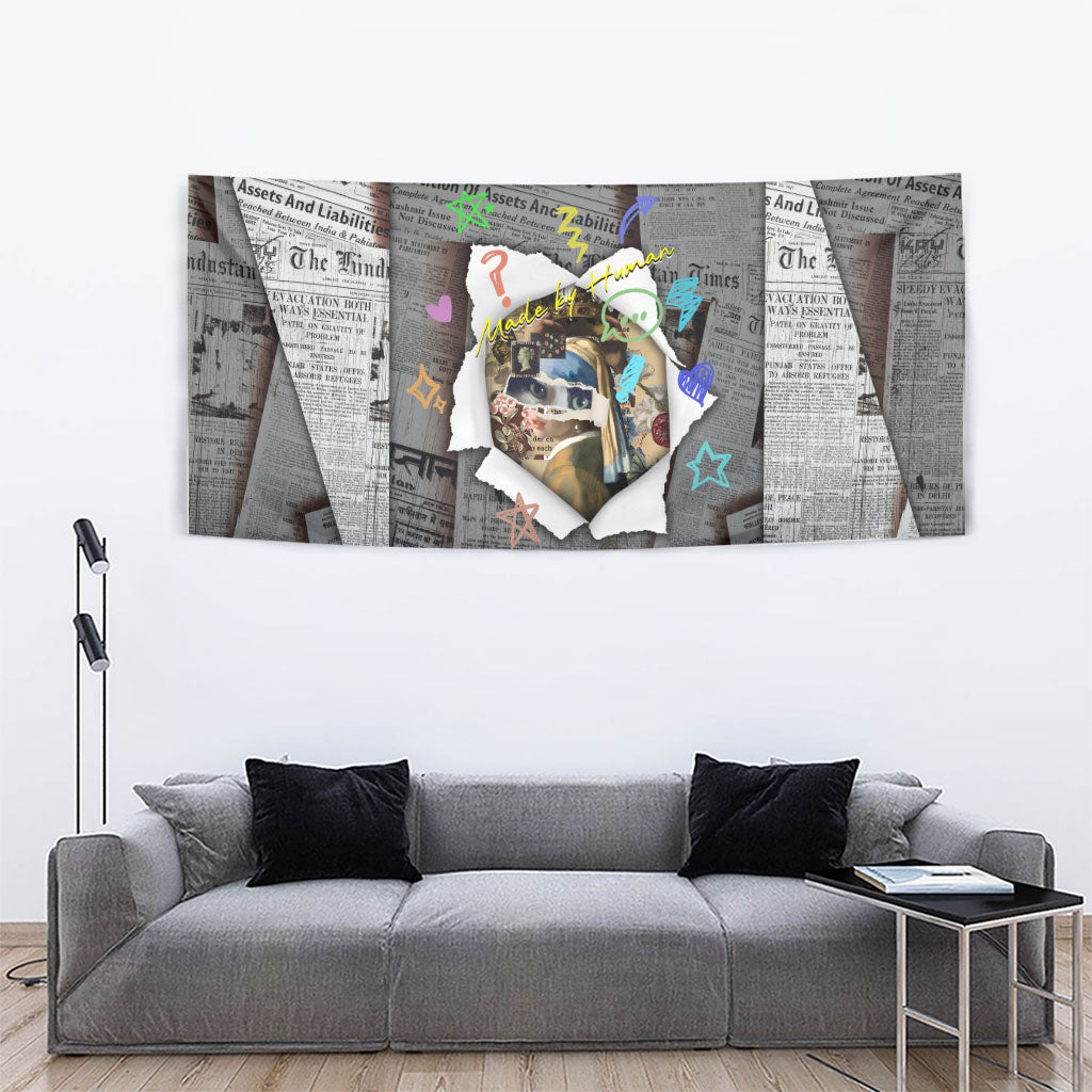 Cat Girl With A Pearl Earring Newspaper Tapestry Made By Human Handmade Mixed Media Pop Art