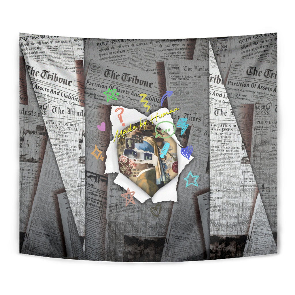Cat Girl With A Pearl Earring Newspaper Tapestry Made By Human Handmade Mixed Media Pop Art