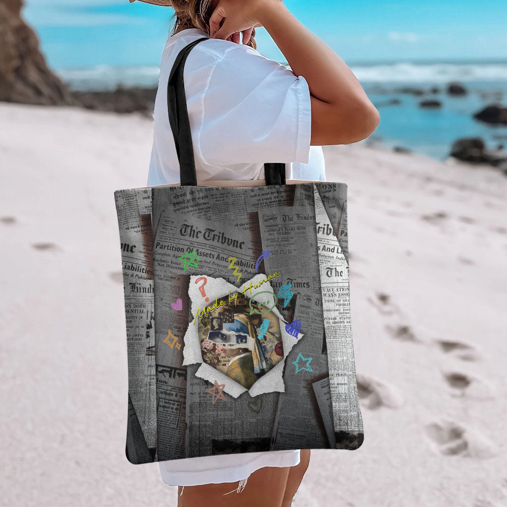 Cat Girl With A Pearl Earring Newspaper Tote Bag Made By Human Handmade Mixed Media Pop Art