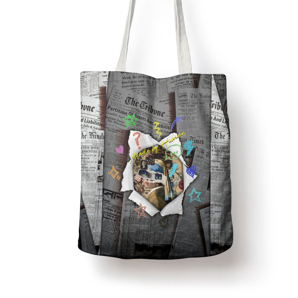 Cat Girl With A Pearl Earring Newspaper Tote Bag Made By Human Handmade Mixed Media Pop Art