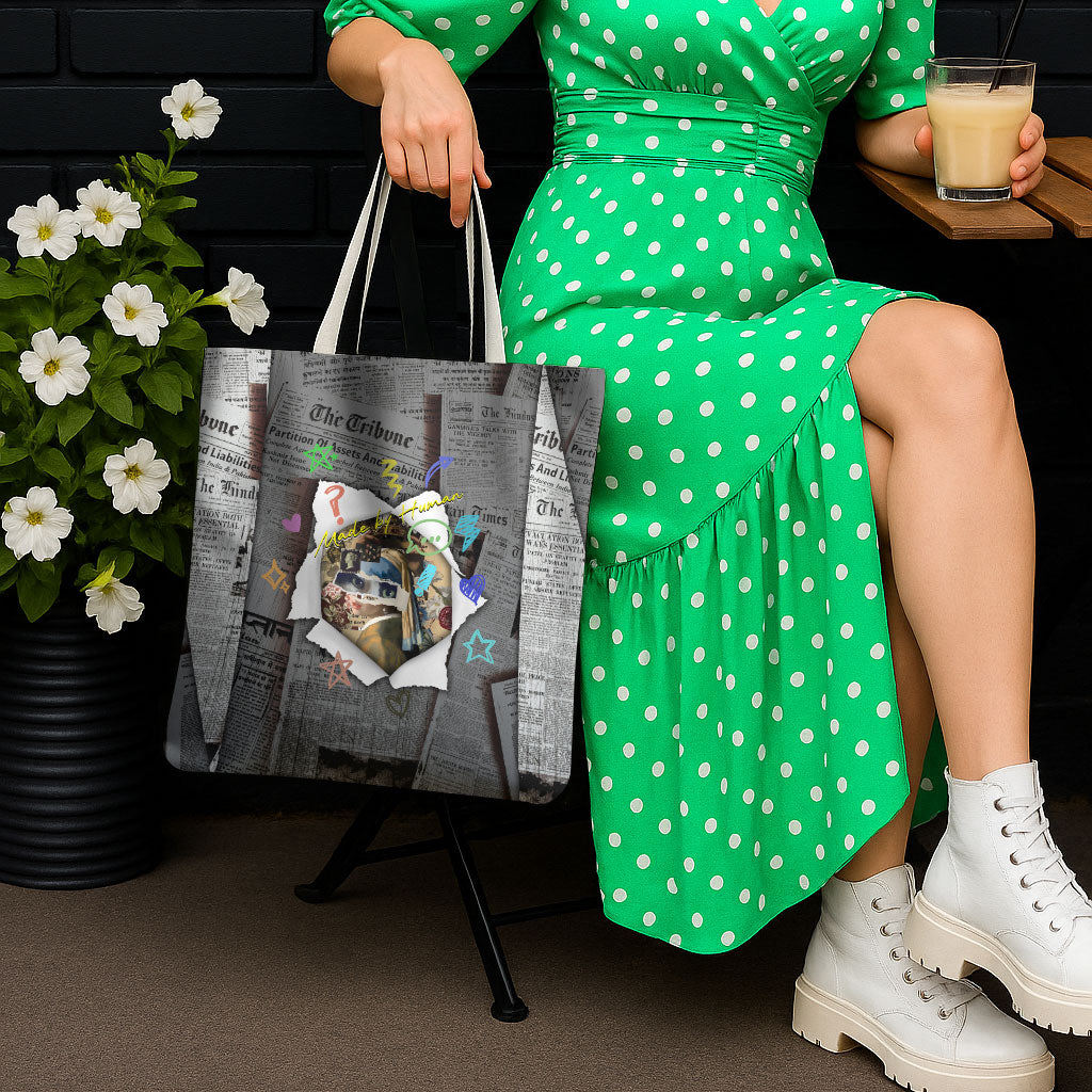 Cat Girl With A Pearl Earring Newspaper Tote Bag Made By Human Handmade Mixed Media Pop Art