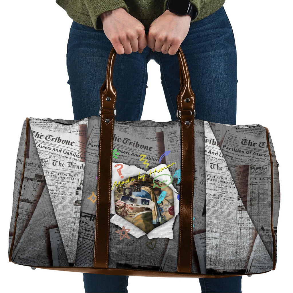 Cat Girl With A Pearl Earring Newspaper Travel Bag Made By Human Handmade Mixed Media Pop Art