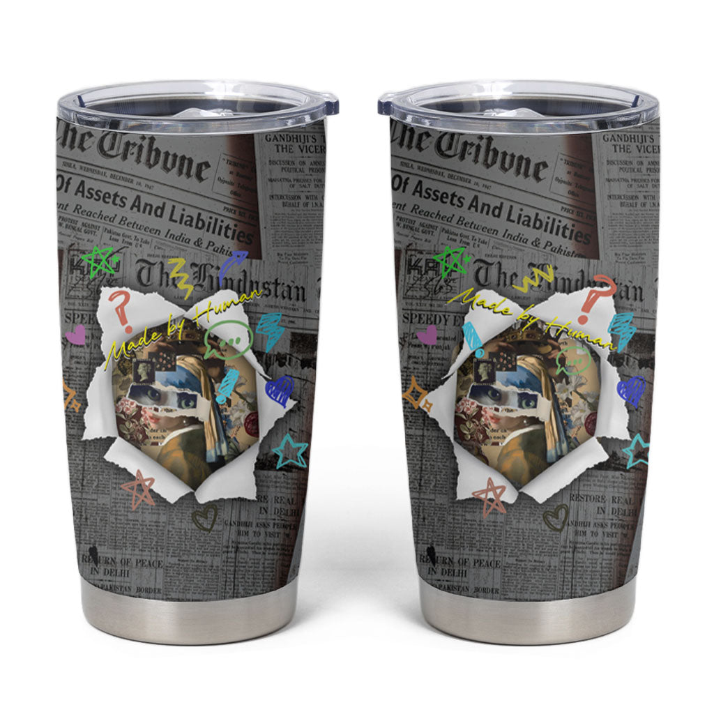 Cat Girl With A Pearl Earring Newspaper Tumbler Cup Made By Human Handmade Mixed Media Pop Art