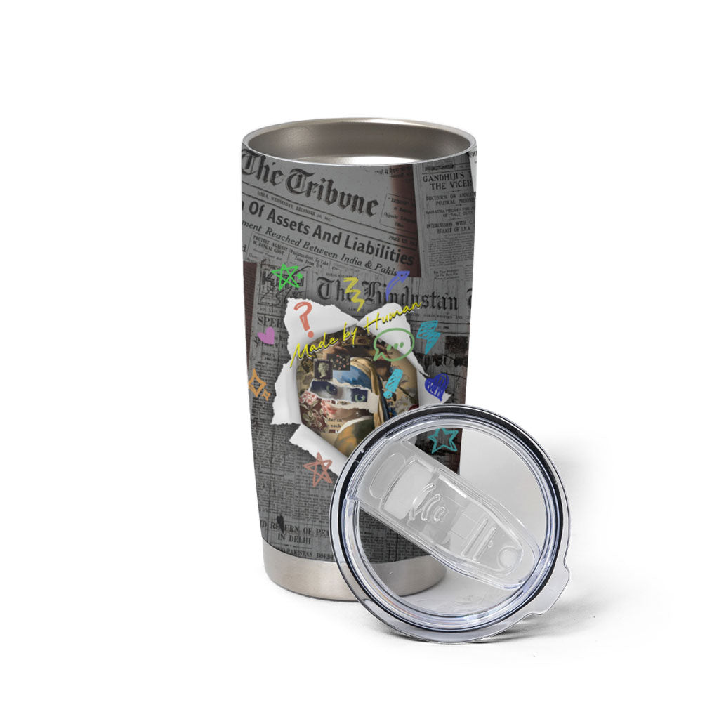Cat Girl With A Pearl Earring Newspaper Tumbler Cup Made By Human Handmade Mixed Media Pop Art