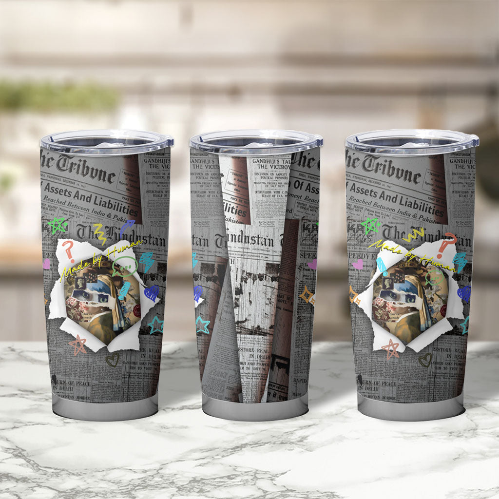 Cat Girl With A Pearl Earring Newspaper Tumbler Cup Made By Human Handmade Mixed Media Pop Art