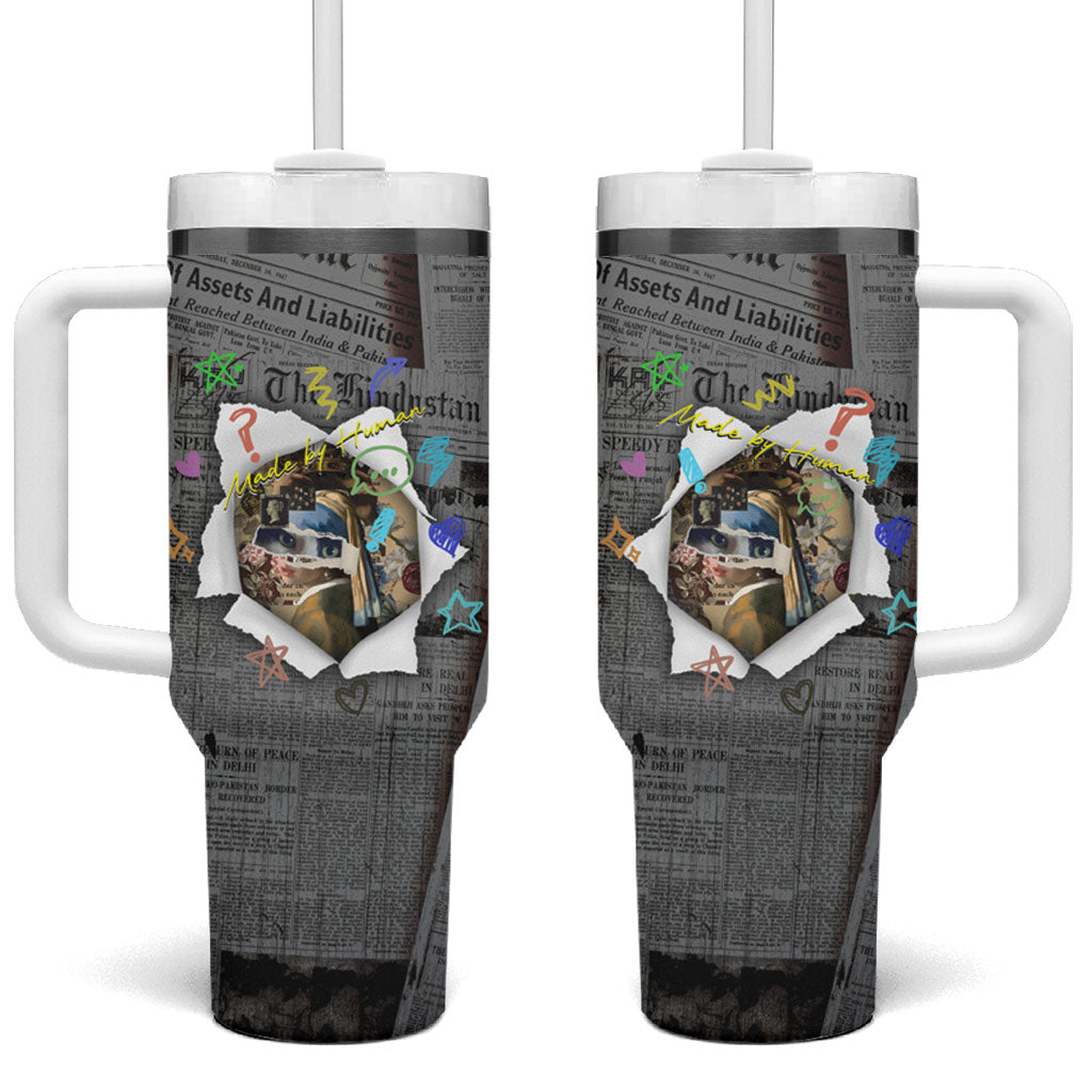 Cat Girl With A Pearl Earring Newspaper Tumbler With Handle Made By Human Handmade Mixed Media Pop Art