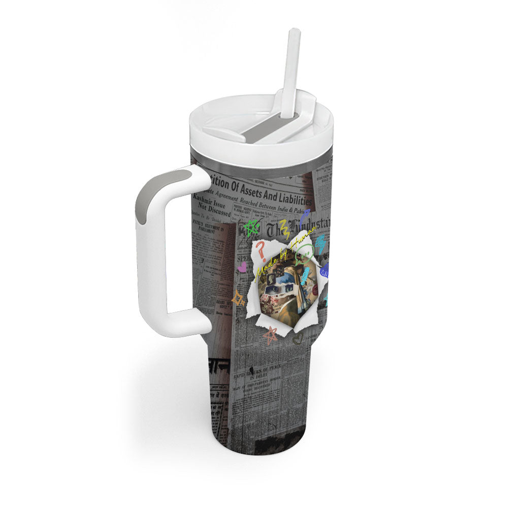 Cat Girl With A Pearl Earring Newspaper Tumbler With Handle Made By Human Handmade Mixed Media Pop Art