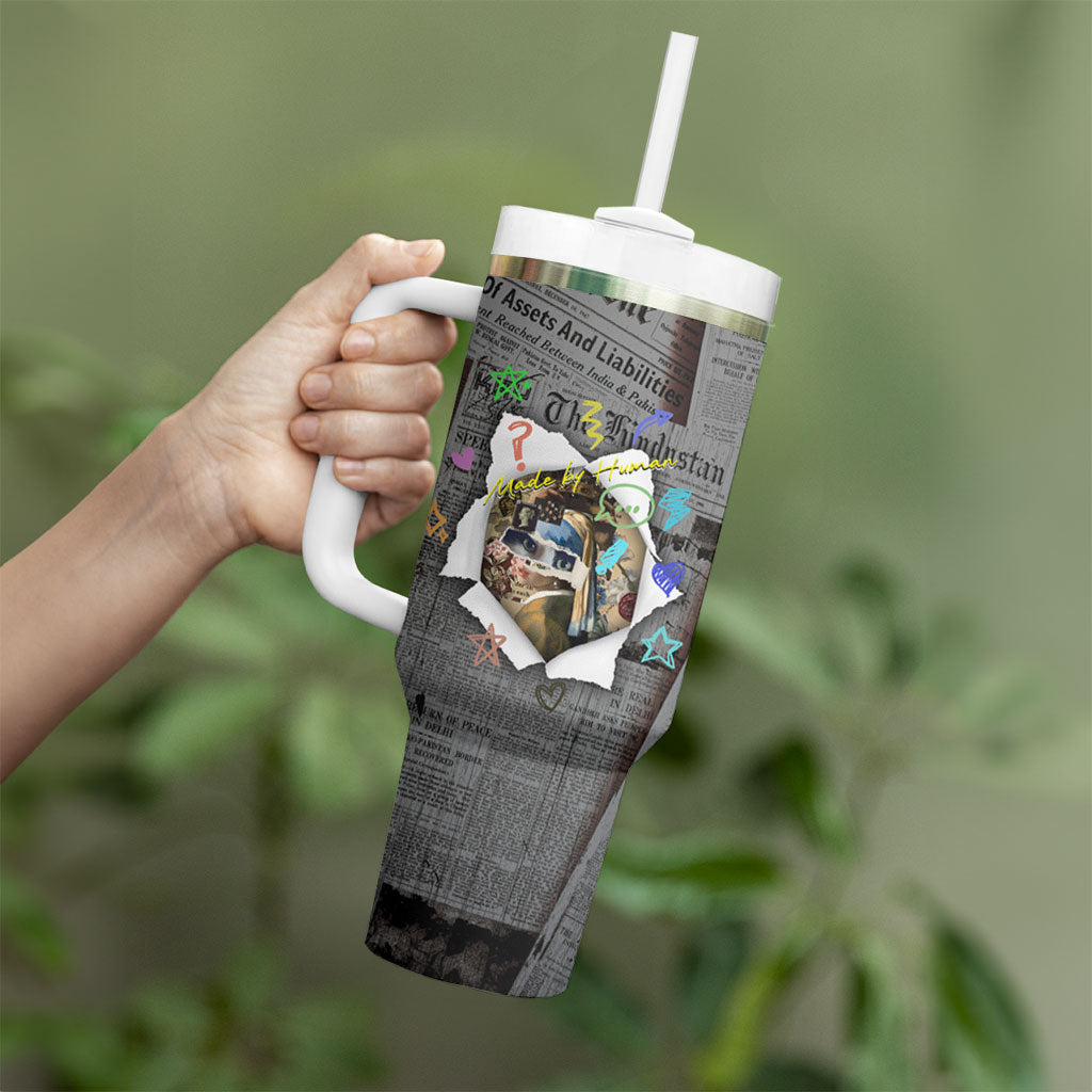 Cat Girl With A Pearl Earring Newspaper Tumbler With Handle Made By Human Handmade Mixed Media Pop Art