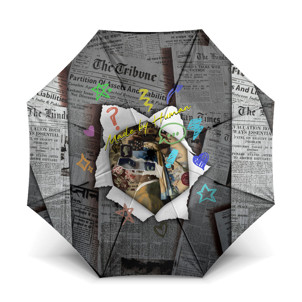 Cat Girl With A Pearl Earring Newspaper Umbrella Made By Human Handmade Mixed Media Pop Art