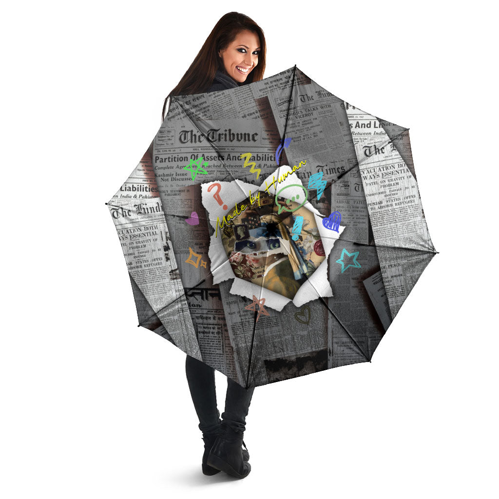 Cat Girl With A Pearl Earring Newspaper Umbrella Made By Human Handmade Mixed Media Pop Art