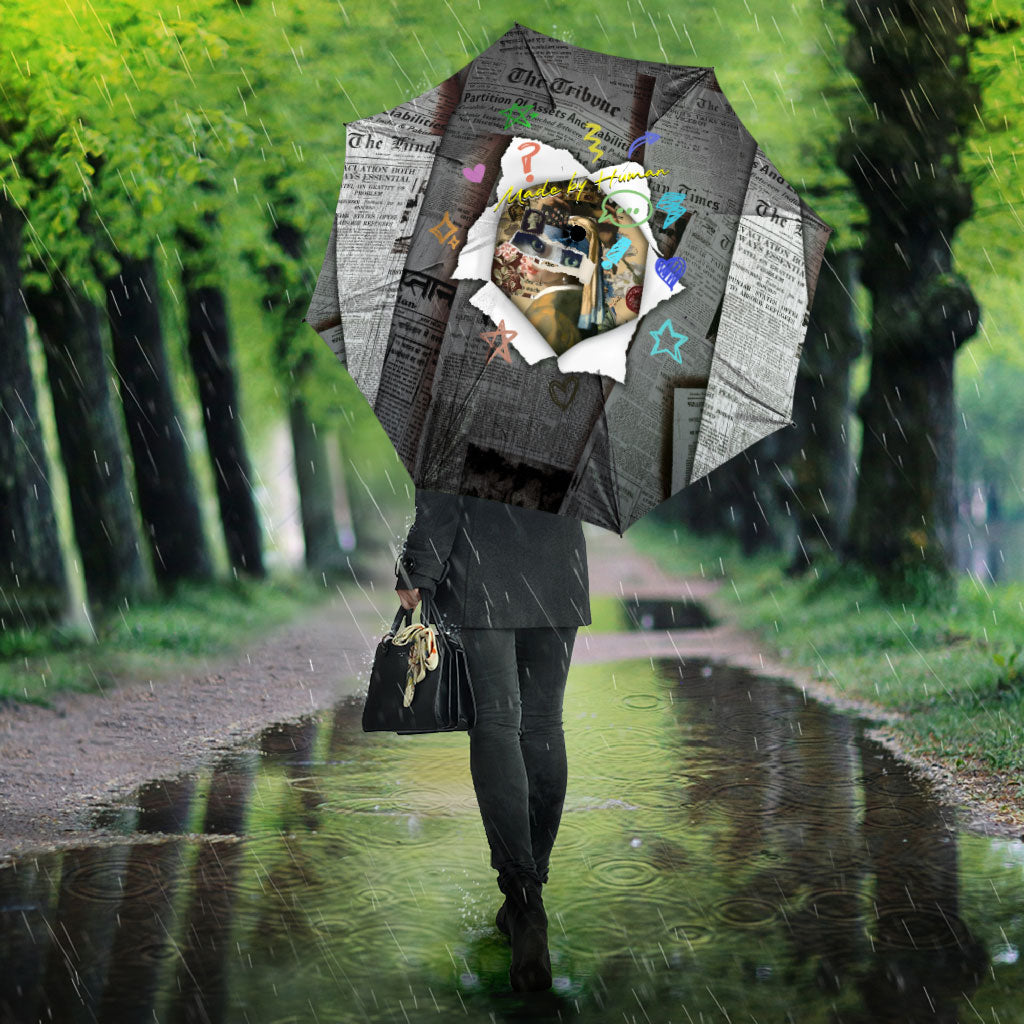 Cat Girl With A Pearl Earring Newspaper Umbrella Made By Human Handmade Mixed Media Pop Art