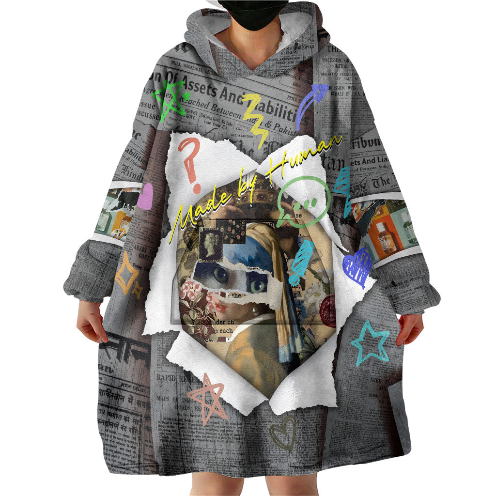 Cat Girl With A Pearl Earring Newspaper Wearable Blanket Hoodie Made By Human Handmade Mixed Media Pop Art