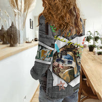 Cat Girl With A Pearl Earring Newspaper Women Casual Shirt Made By Human Handmade Mixed Media Pop Art