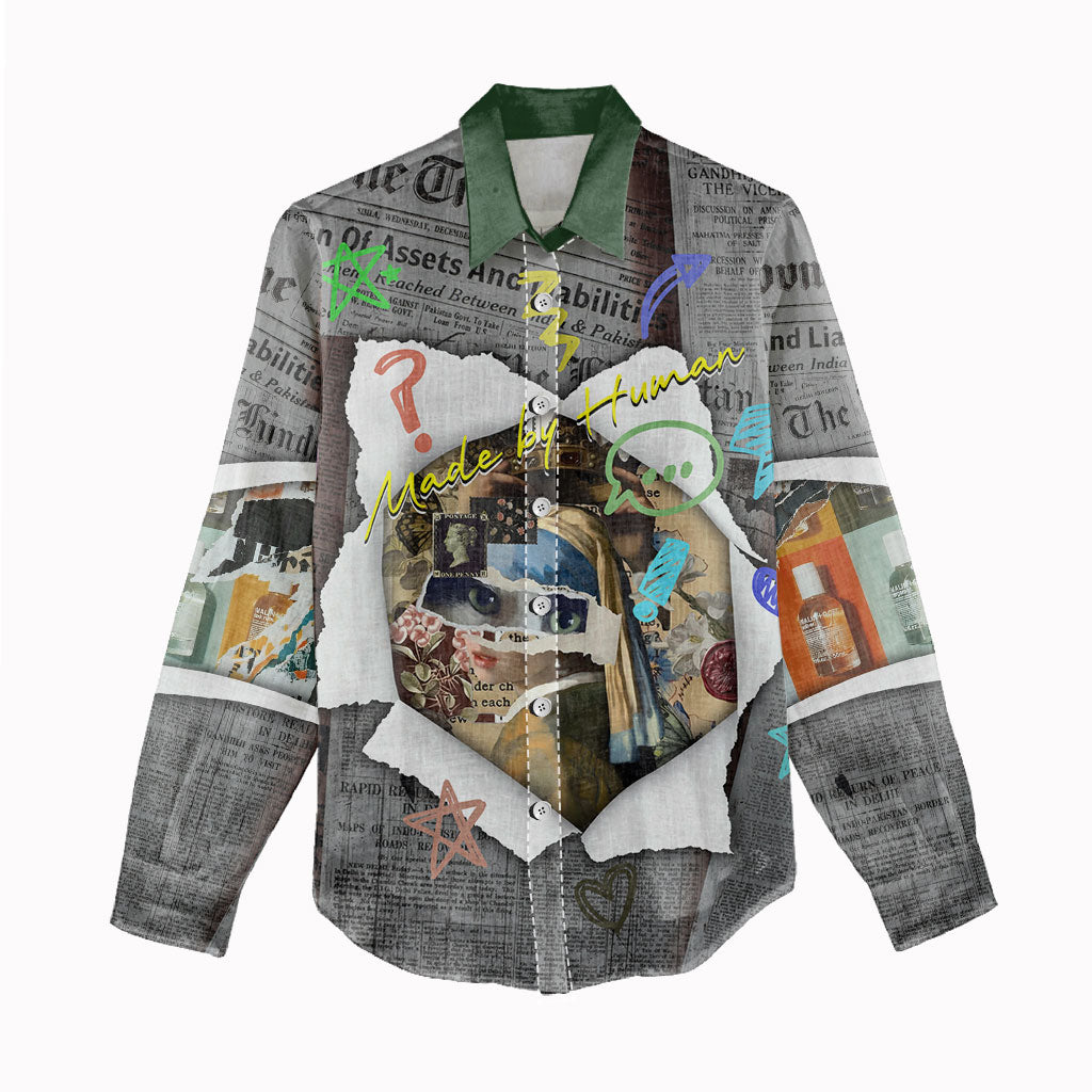 Cat Girl With A Pearl Earring Newspaper Women Casual Shirt Made By Human Handmade Mixed Media Pop Art