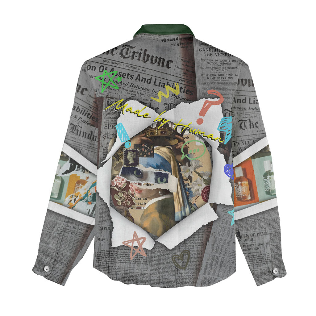 Cat Girl With A Pearl Earring Newspaper Women Casual Shirt Made By Human Handmade Mixed Media Pop Art