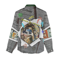 Cat Girl With A Pearl Earring Newspaper Women Casual Shirt Made By Human Handmade Mixed Media Pop Art
