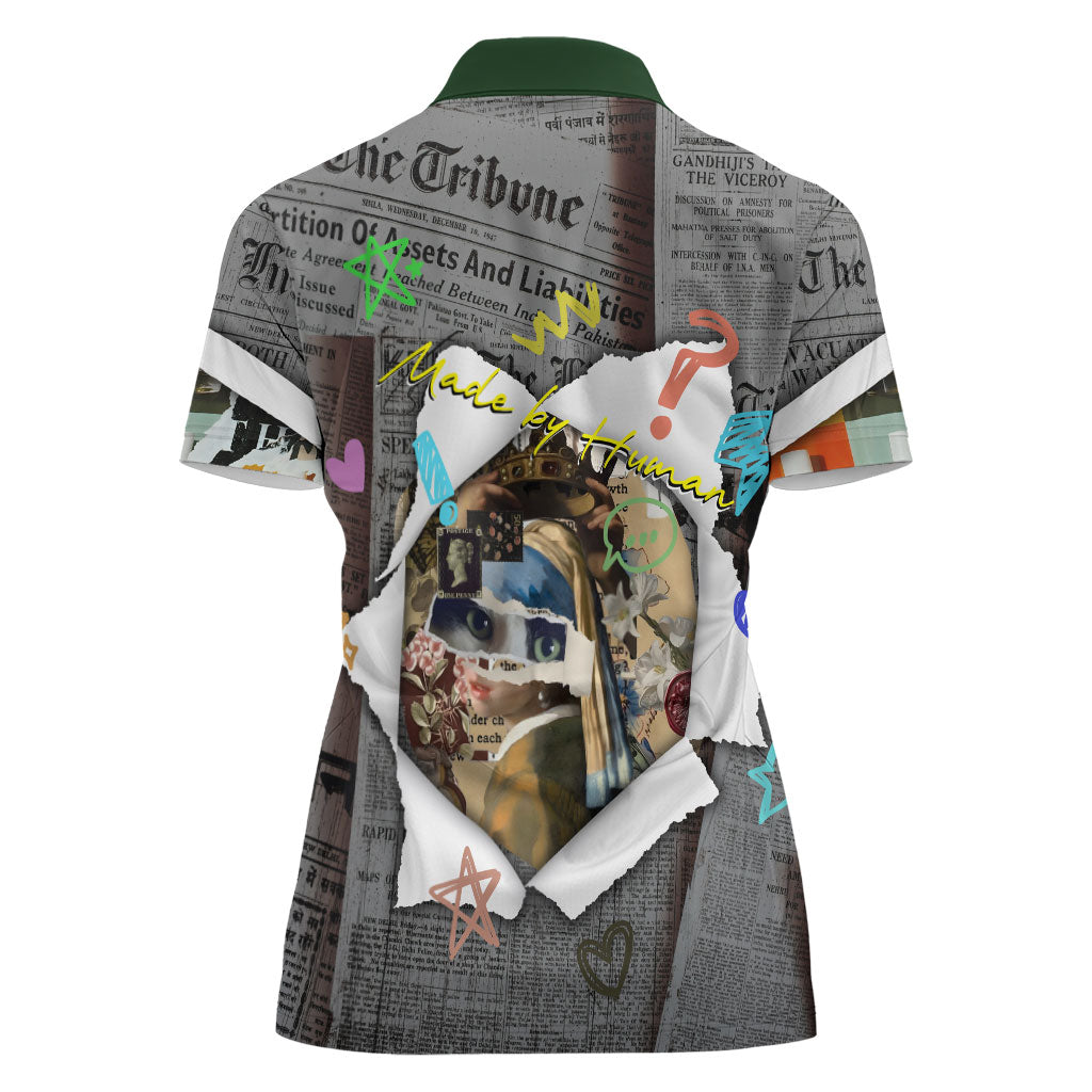 Cat Girl With A Pearl Earring Newspaper Women Polo Shirt Made By Human Handmade Mixed Media Pop Art