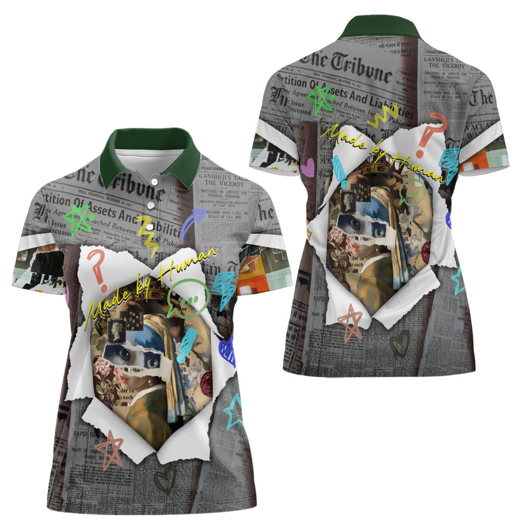 Cat Girl With A Pearl Earring Newspaper Women Polo Shirt Made By Human Handmade Mixed Media Pop Art