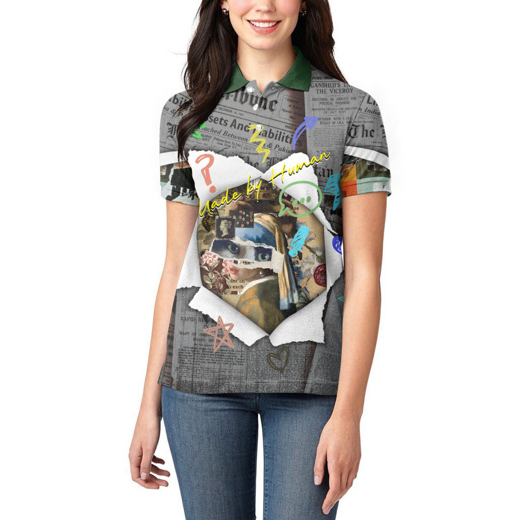 Cat Girl With A Pearl Earring Newspaper Women Polo Shirt Made By Human Handmade Mixed Media Pop Art