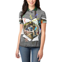 Cat Girl With A Pearl Earring Newspaper Women Polo Shirt Made By Human Handmade Mixed Media Pop Art
