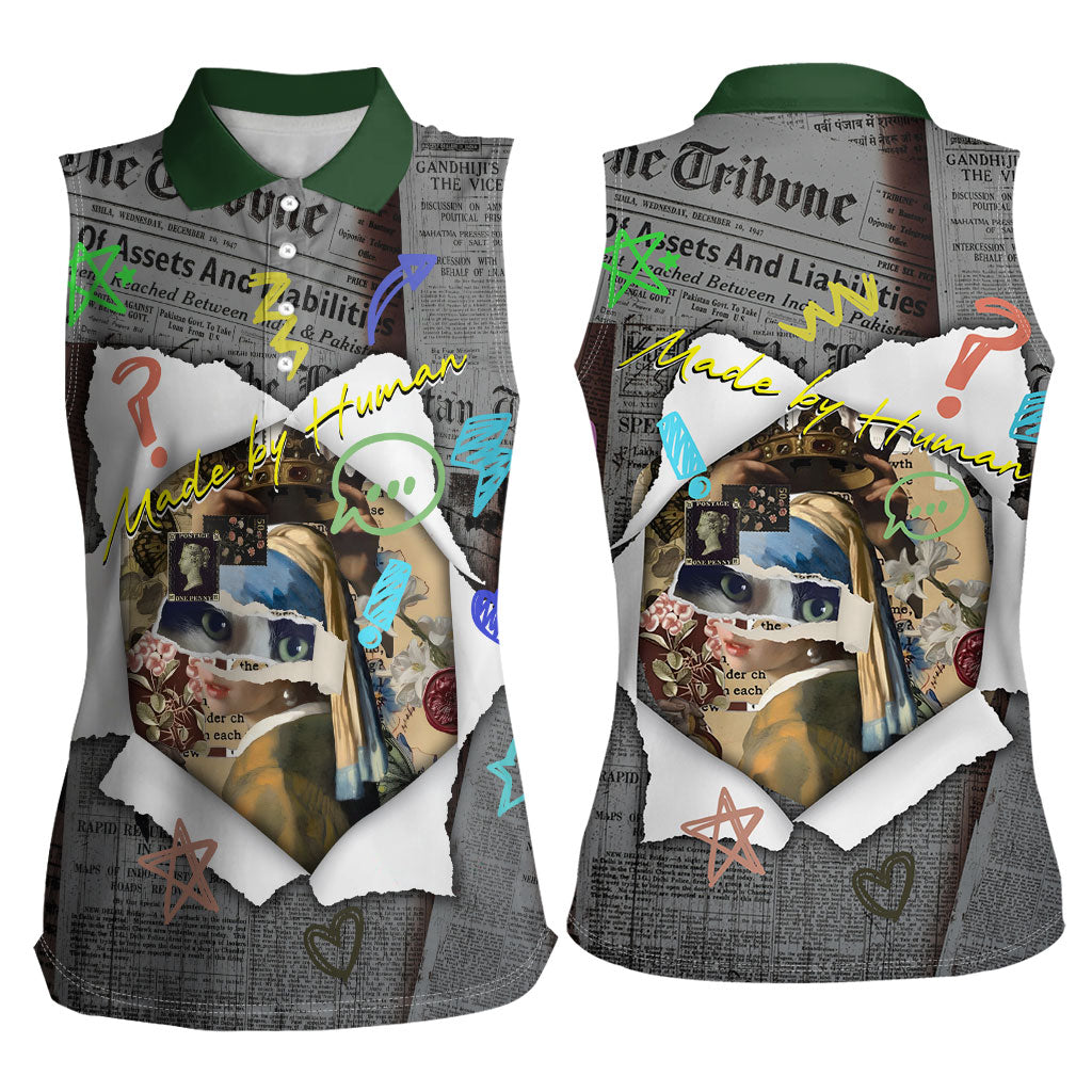 Cat Girl With A Pearl Earring Newspaper Women Sleeveless Polo Shirt Made By Human Handmade Mixed Media Pop Art