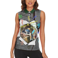 Cat Girl With A Pearl Earring Newspaper Women Sleeveless Polo Shirt Made By Human Handmade Mixed Media Pop Art