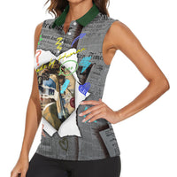 Cat Girl With A Pearl Earring Newspaper Women Sleeveless Polo Shirt Made By Human Handmade Mixed Media Pop Art