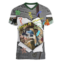 Cat Girl With A Pearl Earring Newspaper Women V-Neck T-Shirt Made By Human Handmade Mixed Media Pop Art