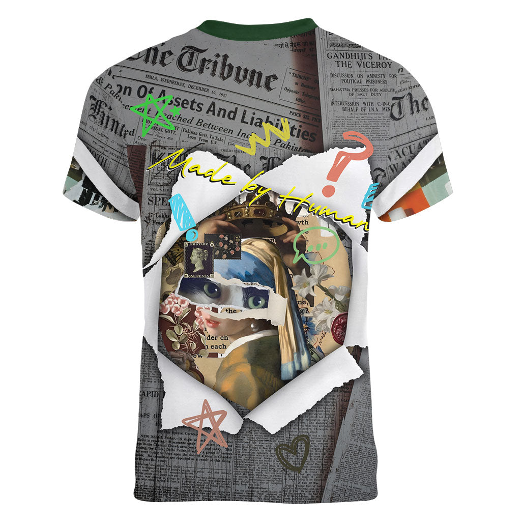 Cat Girl With A Pearl Earring Newspaper Women V-Neck T-Shirt Made By Human Handmade Mixed Media Pop Art
