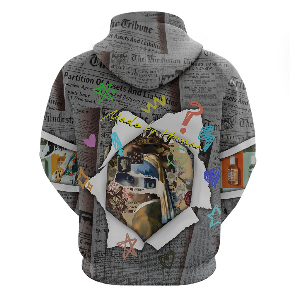 Cat Girl With A Pearl Earring Newspaper Zip Hoodie Made By Human Handmade Mixed Media Pop Art