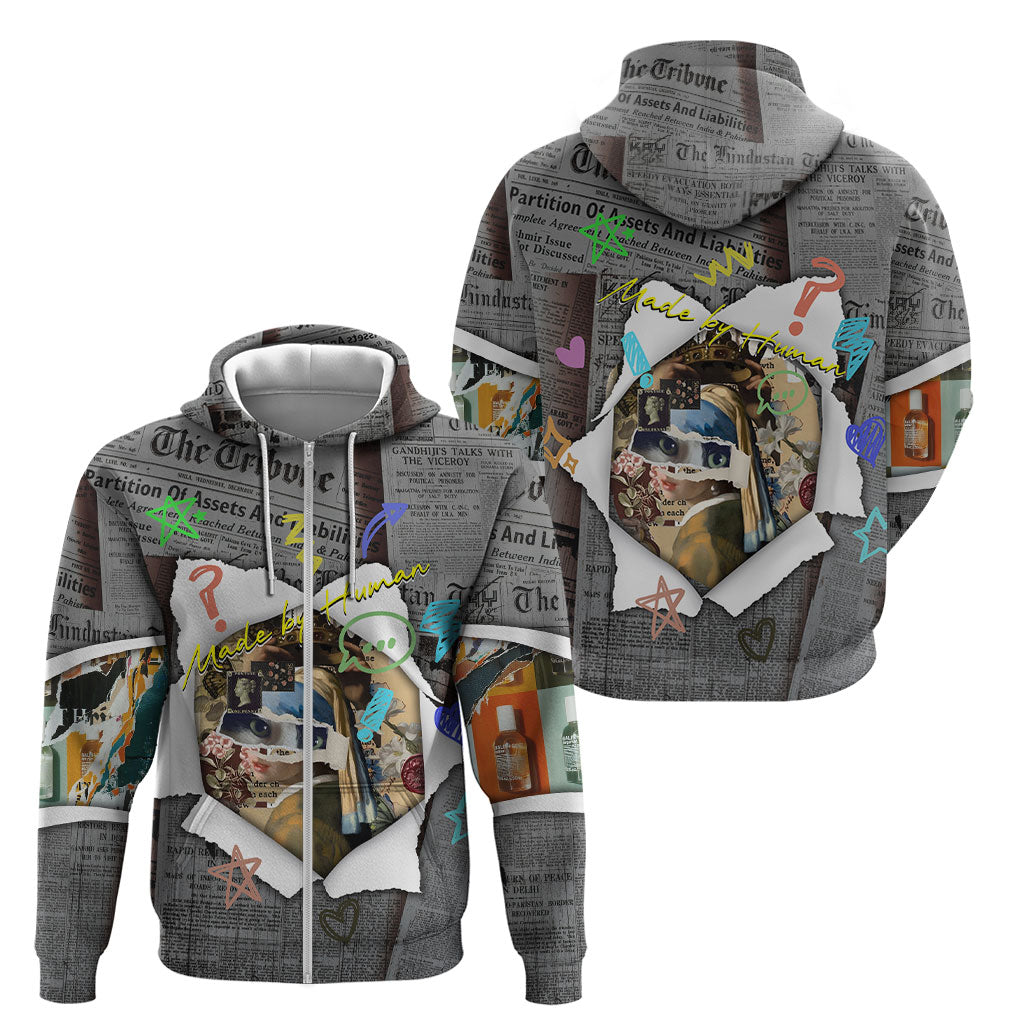 Cat Girl With A Pearl Earring Newspaper Zip Hoodie Made By Human Handmade Mixed Media Pop Art