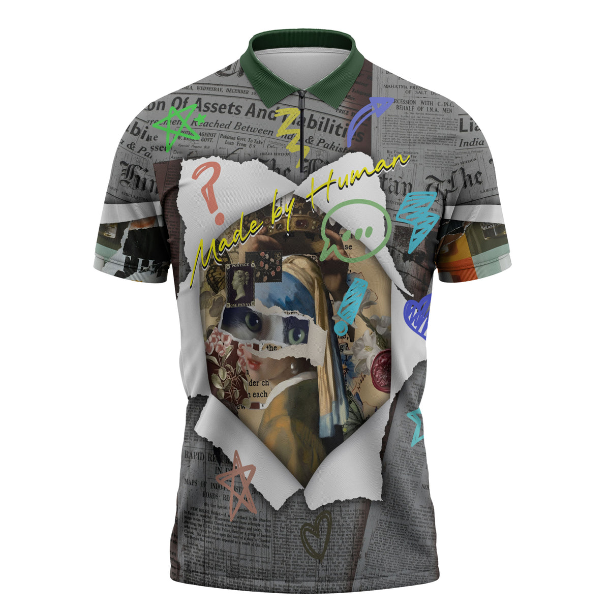 Cat Girl With A Pearl Earring Newspaper Zipper Polo Shirt Made By Human Handmade Mixed Media Pop Art