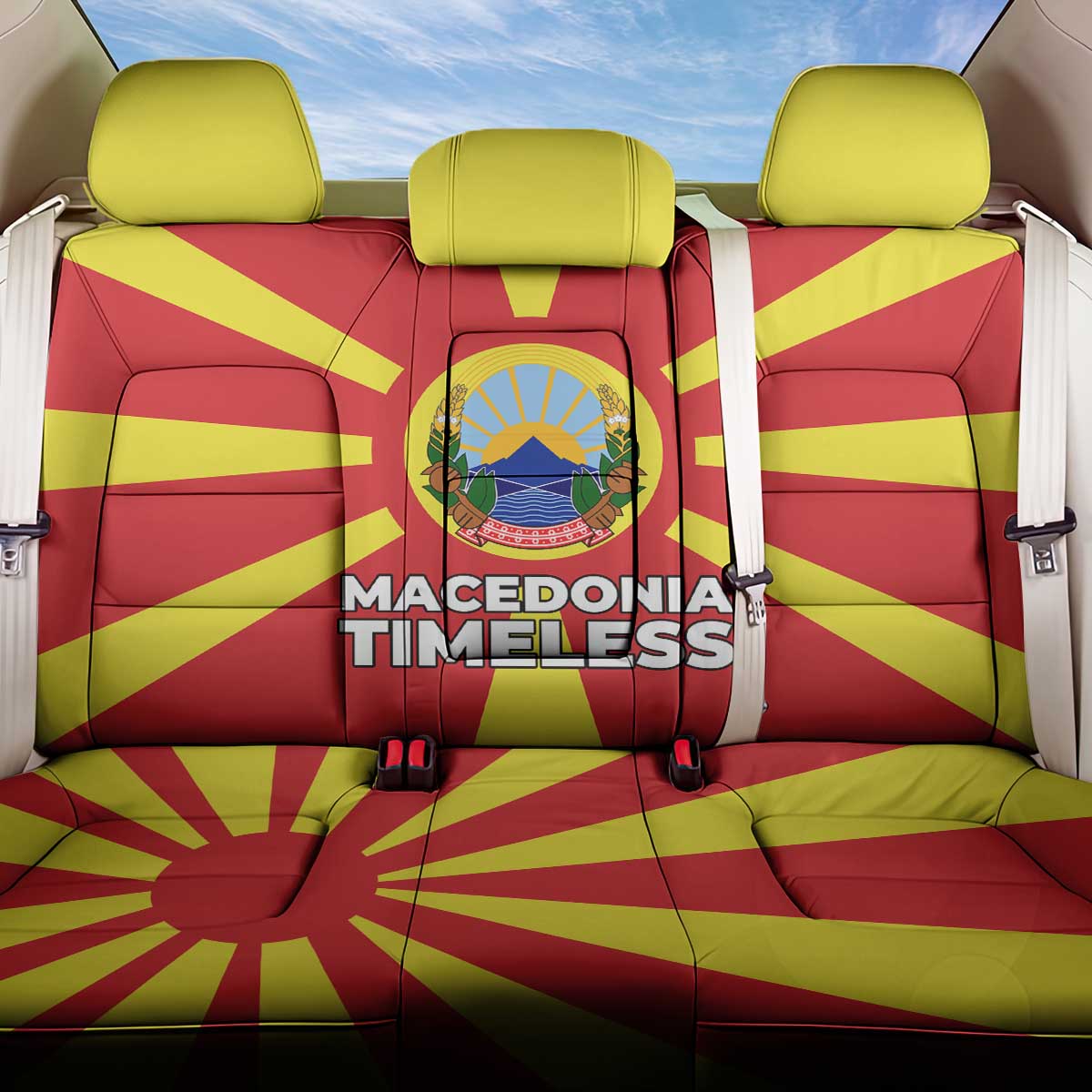 Macedonia Back Car Seat Cover with National Emblem and Sunburst Flag Design - Wonder Print Shop