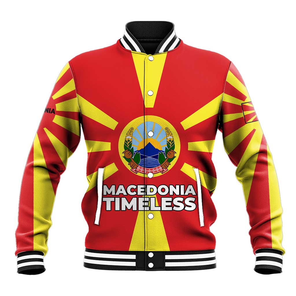 Macedonia Baseball Jacket with National Emblem and Sunburst Flag Design - Wonder Print Shop