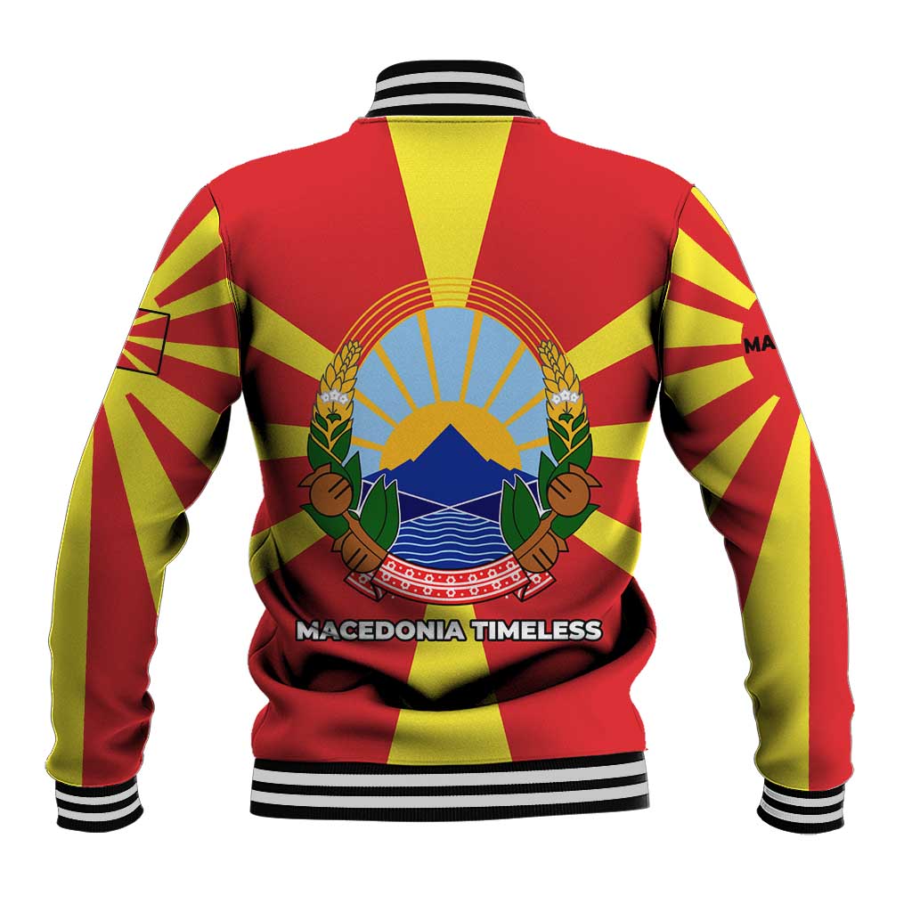 Macedonia Baseball Jacket with National Emblem and Sunburst Flag Design - Wonder Print Shop
